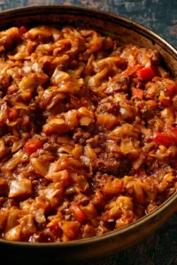 Bowl of African Cabbage Stew with Ground Beef garnished with fresh herbs