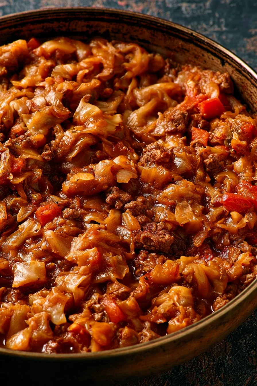 Bowl of African Cabbage Stew with Ground Beef garnished with fresh herbs