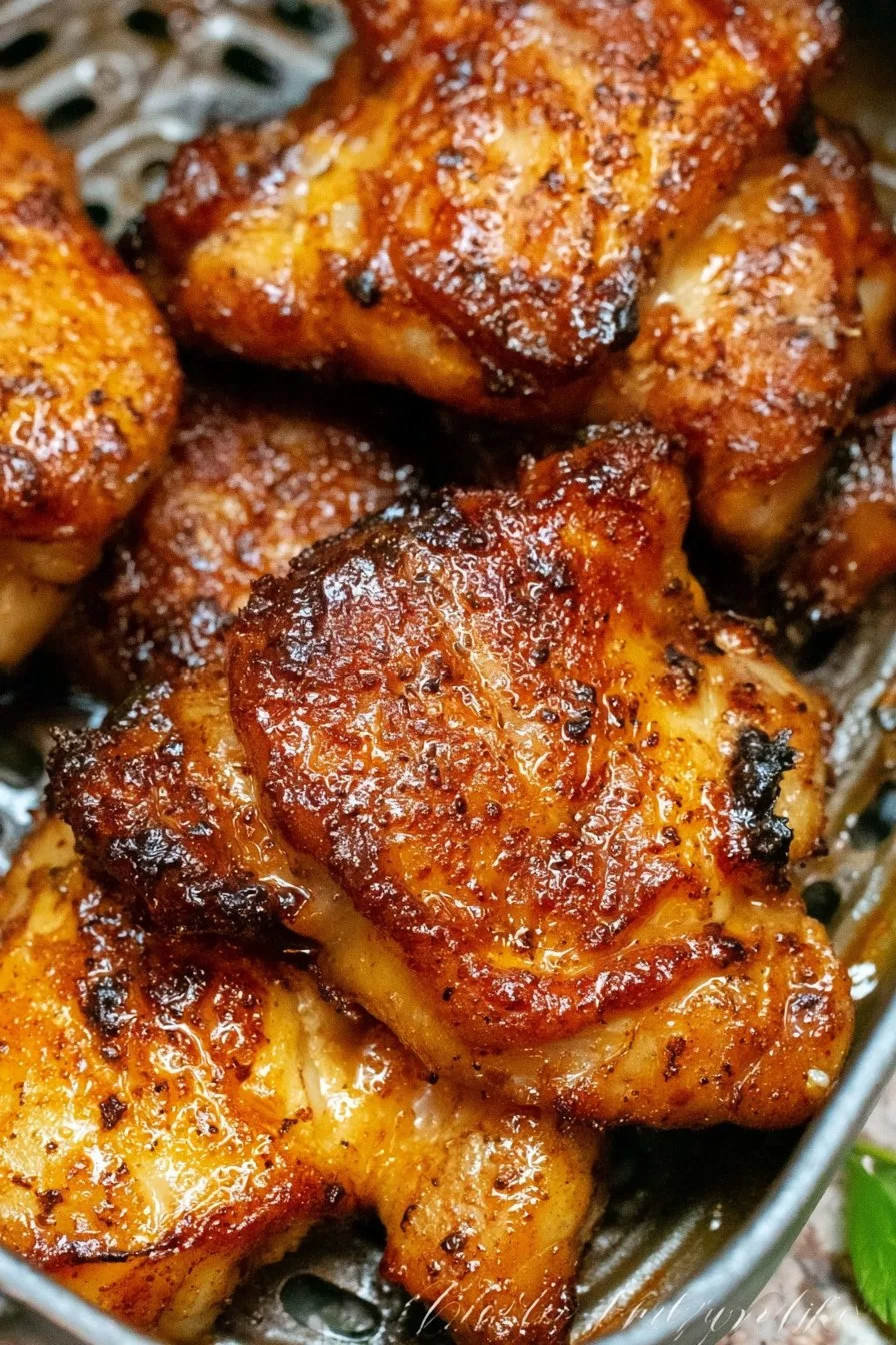 Air fryer boneless skinless chicken thighs cooked until golden brown