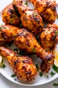 Crispy and tender air fryer chicken drumsticks served on a plate