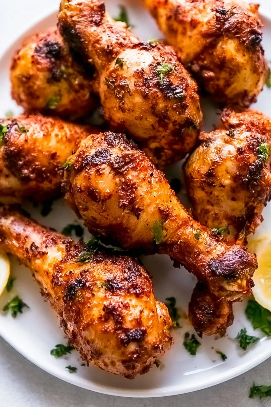 Crispy and tender air fryer chicken drumsticks served on a plate