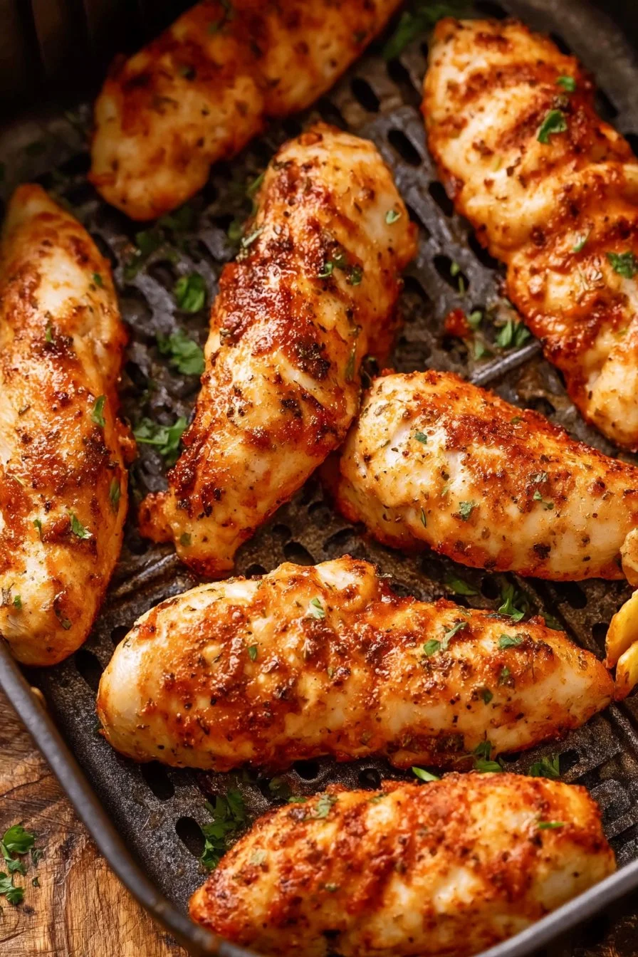Healthy air fryer chicken tenders recipe with no breading, crispy and delicious.