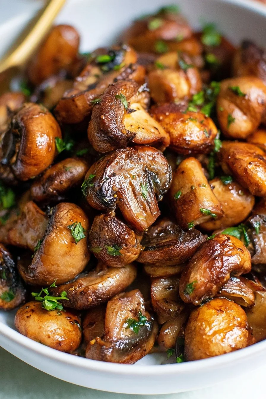 Crispy air fryer mushrooms served in a bowl, garnished and ready to eat.