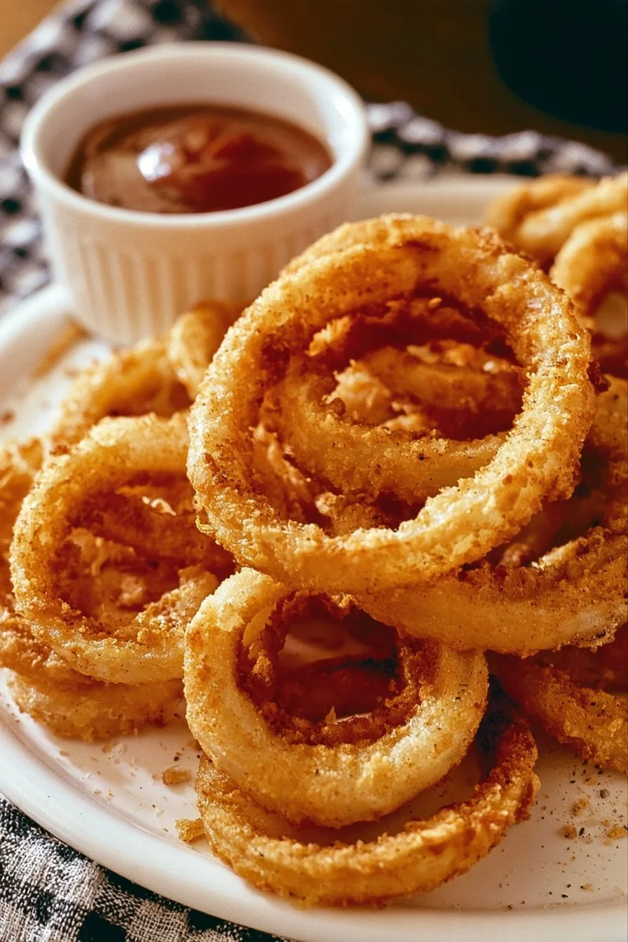 Crispy air fryer onion rings served on a plate