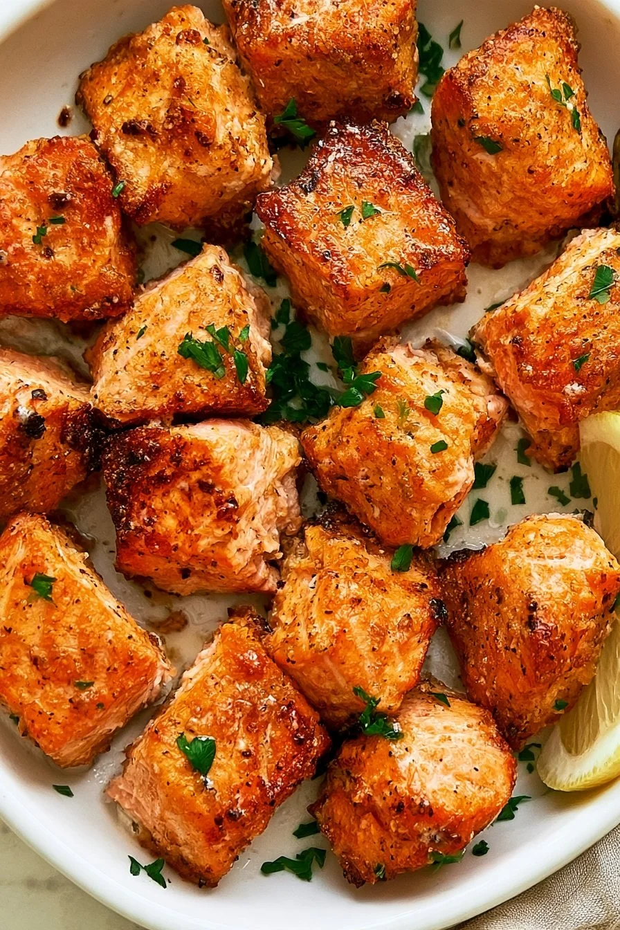 Home 37 Crispy air fryer salmon bites served with dipping sauce