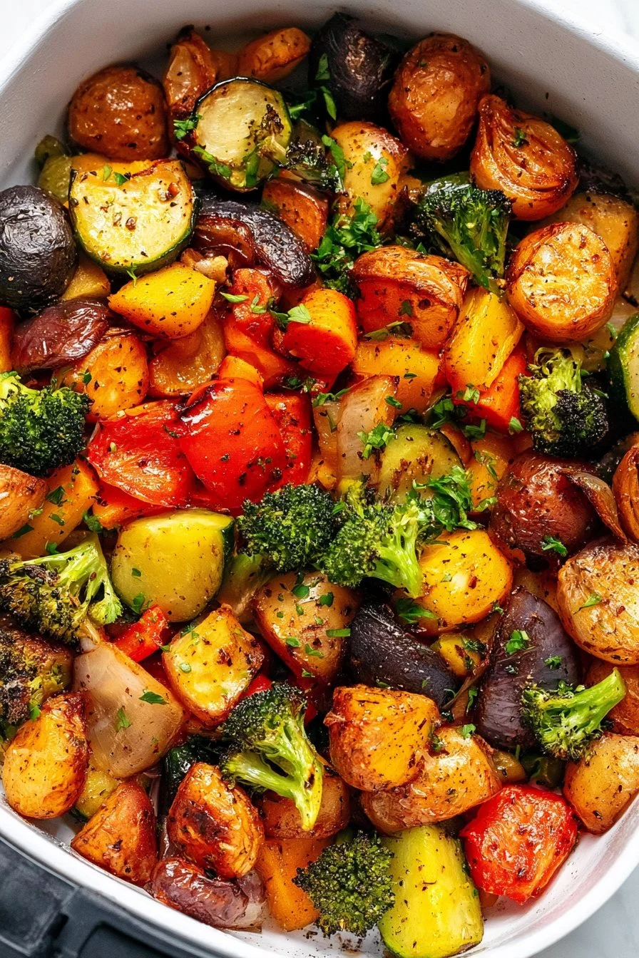 Colorful air fryer vegetables on a plate, showcasing a delicious healthy recipe