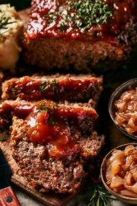 Delicious homemade meatloaf served on a plate with sides of vegetables.