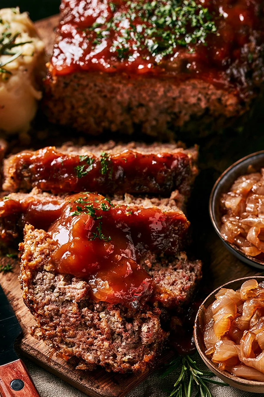 Delicious homemade meatloaf served on a plate with sides of vegetables.