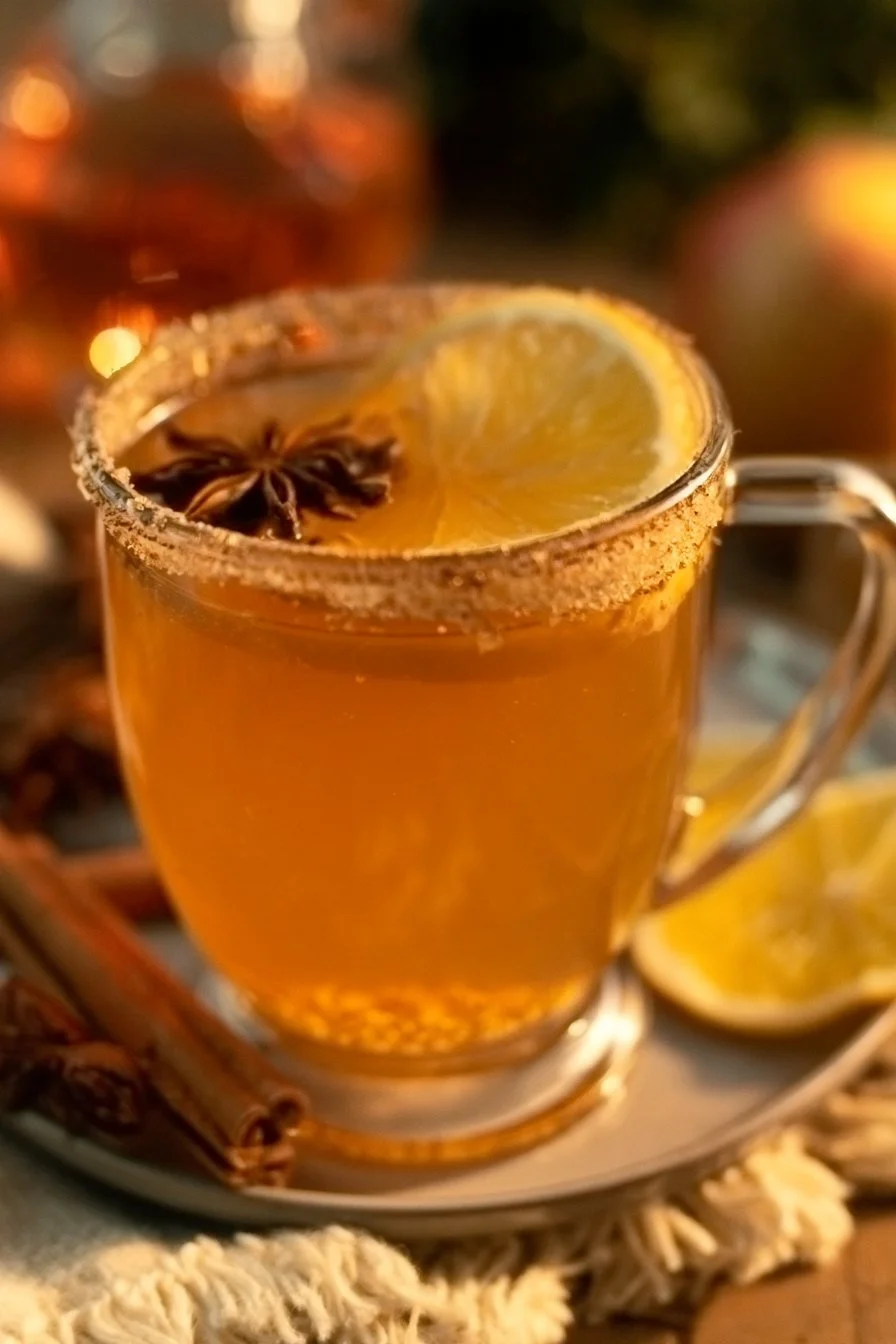 Cozy Apple Cider Fireball Hot Toddy in a mug with cinnamon and apple slices