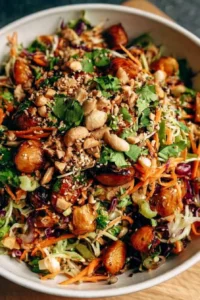 Fresh Asian Chicken Crunch Salad with vegetables and chicken on a plate