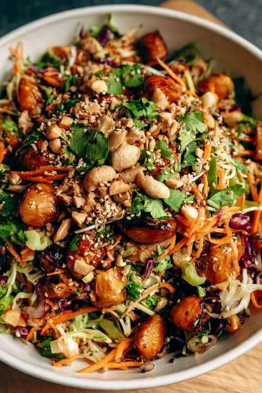 Fresh Asian Chicken Crunch Salad with vegetables and chicken on a plate