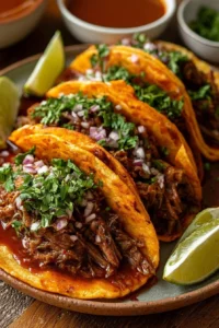 Plate of authentic Mexican birria tacos with rich broth and fresh toppings