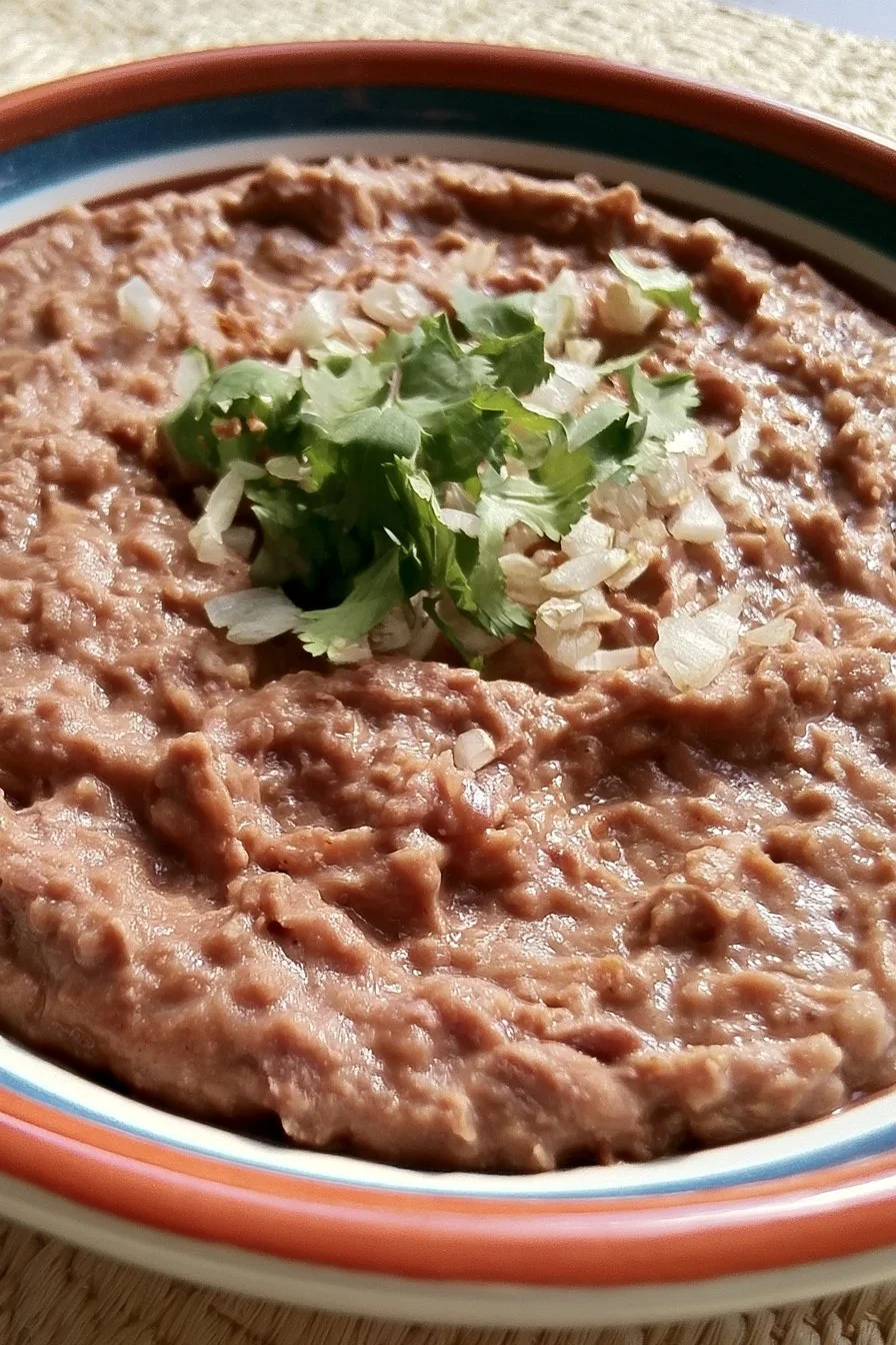 Bowl of authentic Mexican refried beans garnished with cilantro
