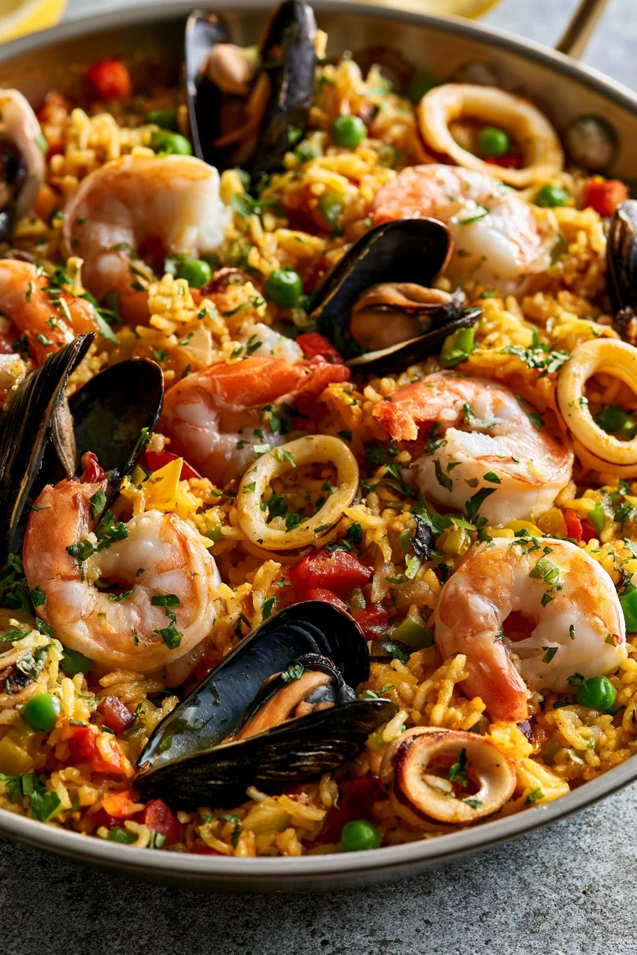 A colorful and authentic paella featuring seafood, chicken, and fresh vegetables.