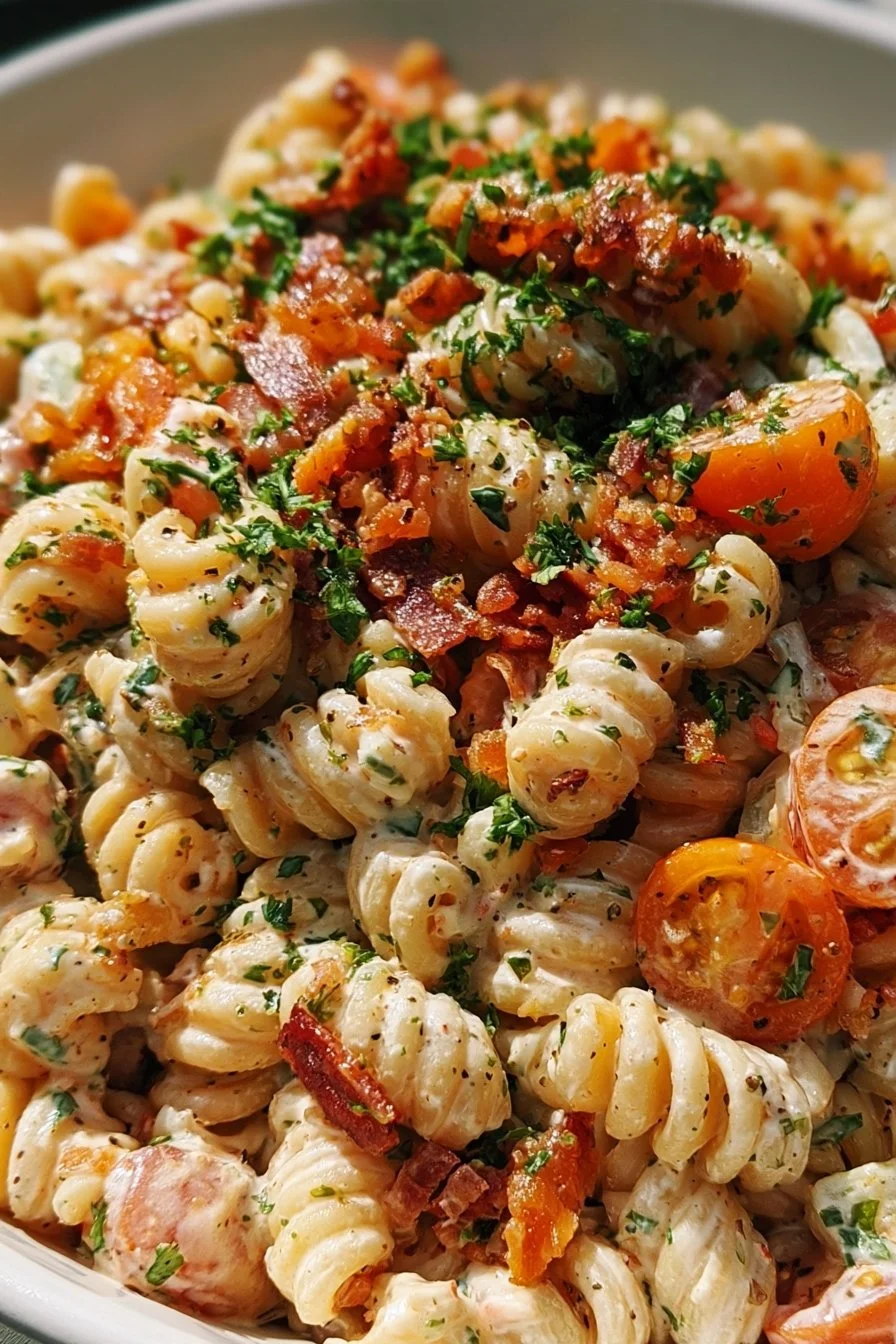 Home 22 Bacon Ranch Pasta Salad featuring pasta, crispy bacon, and fresh veggies