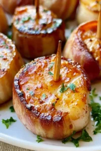 Delicious bacon wrapped scallops served on a plate, ready to enjoy.