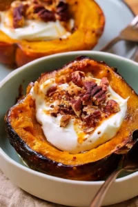 Delicious baked acorn squash filled with yogurt and pecans.