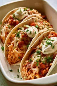 Baked chicken bacon ranch tacos with fresh toppings and a cheesy finish