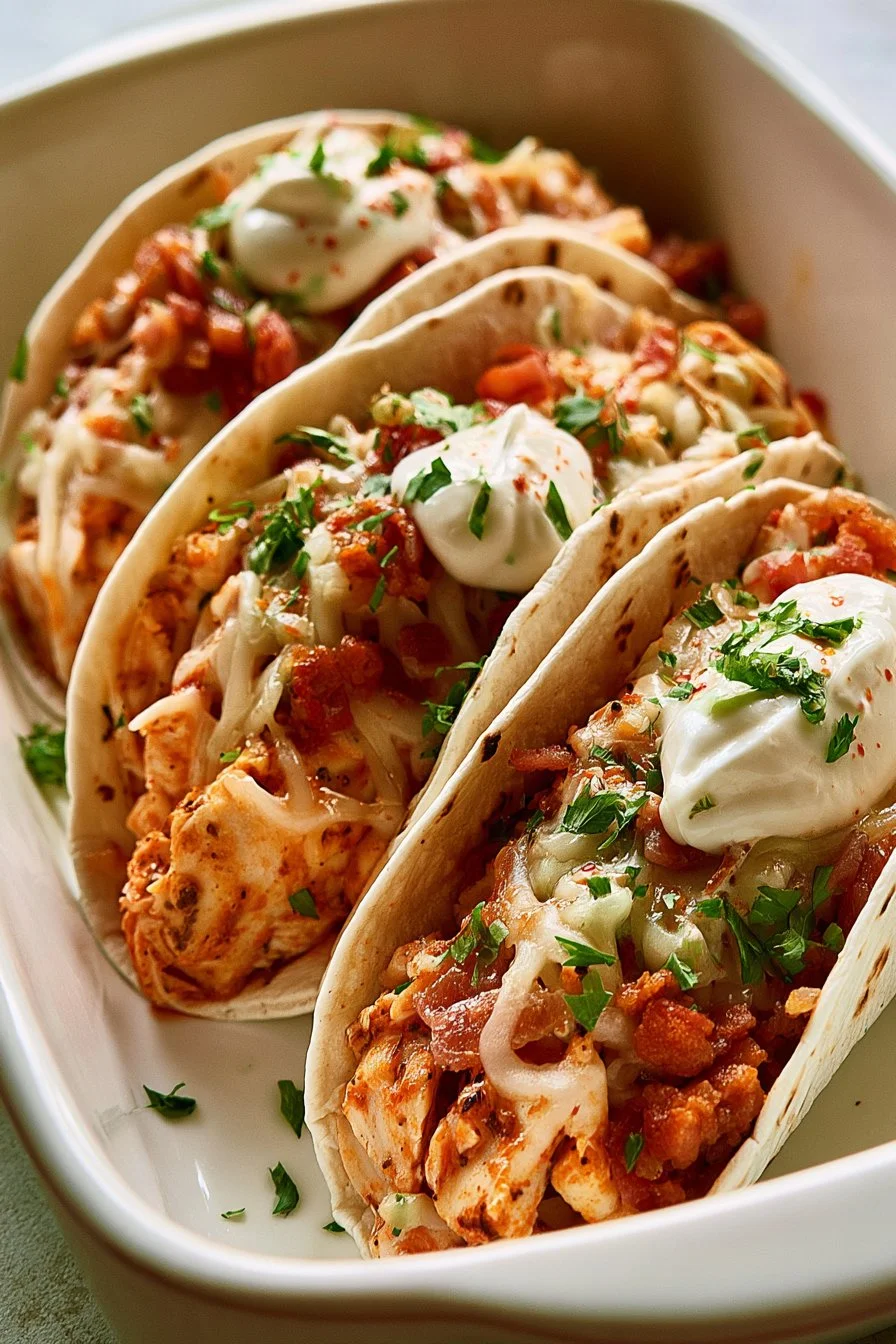 Home 7 Baked chicken bacon ranch tacos with fresh toppings and a cheesy finish