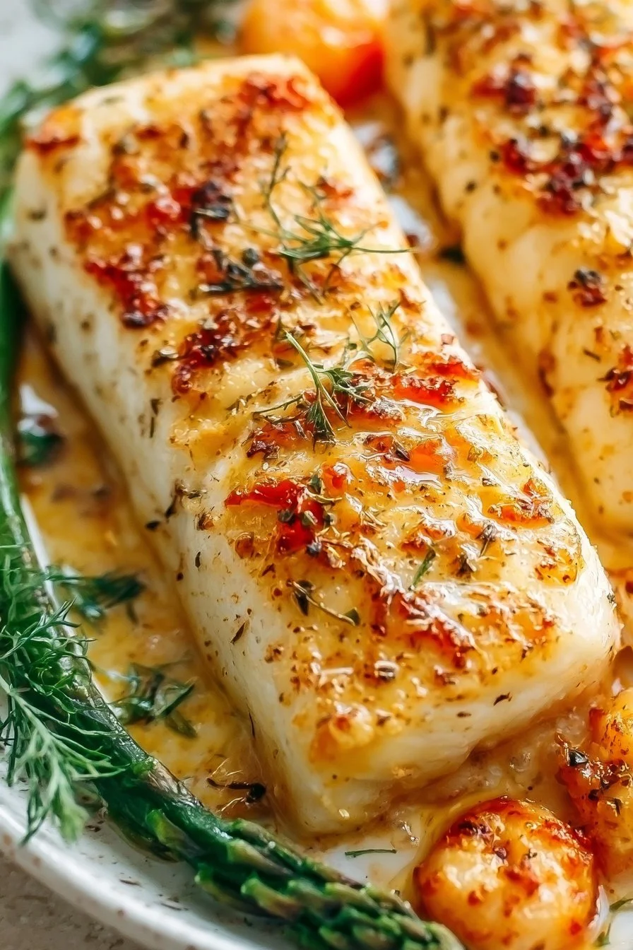 Delicious baked halibut fillets served with lemon and herbs