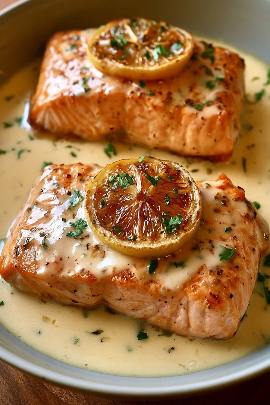 Baked salmon fillet served with lemon butter cream sauce