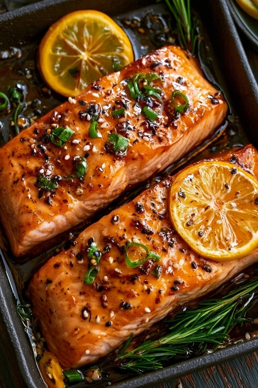 Delicious baked teriyaki salmon garnished with sesame seeds and green onions
