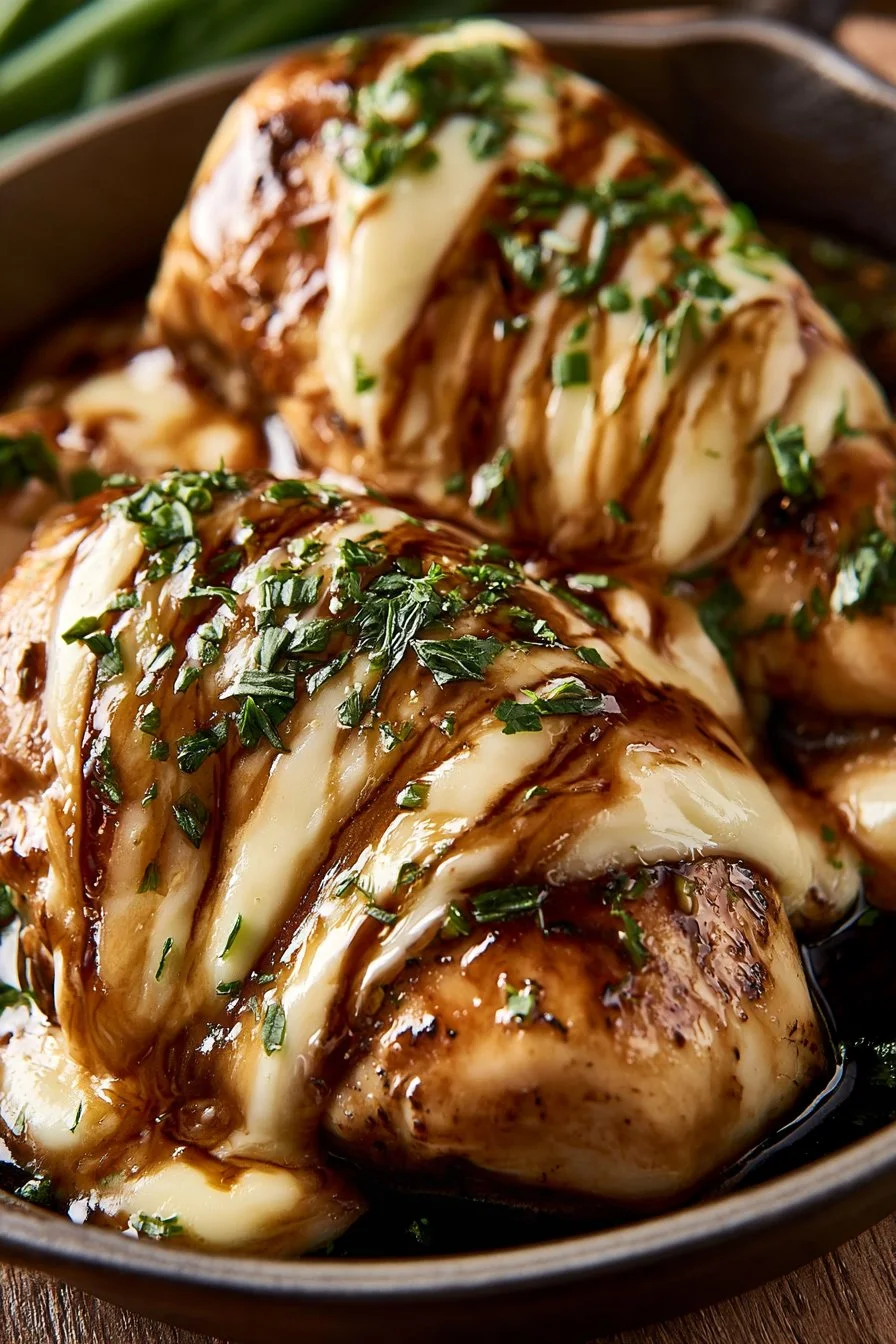 Balsamic baked chicken breast topped with melted mozzarella cheese