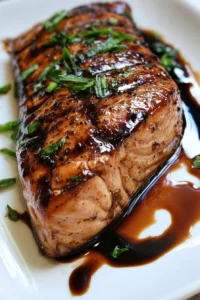 Delicious balsamic glazed salmon served with fresh vegetables