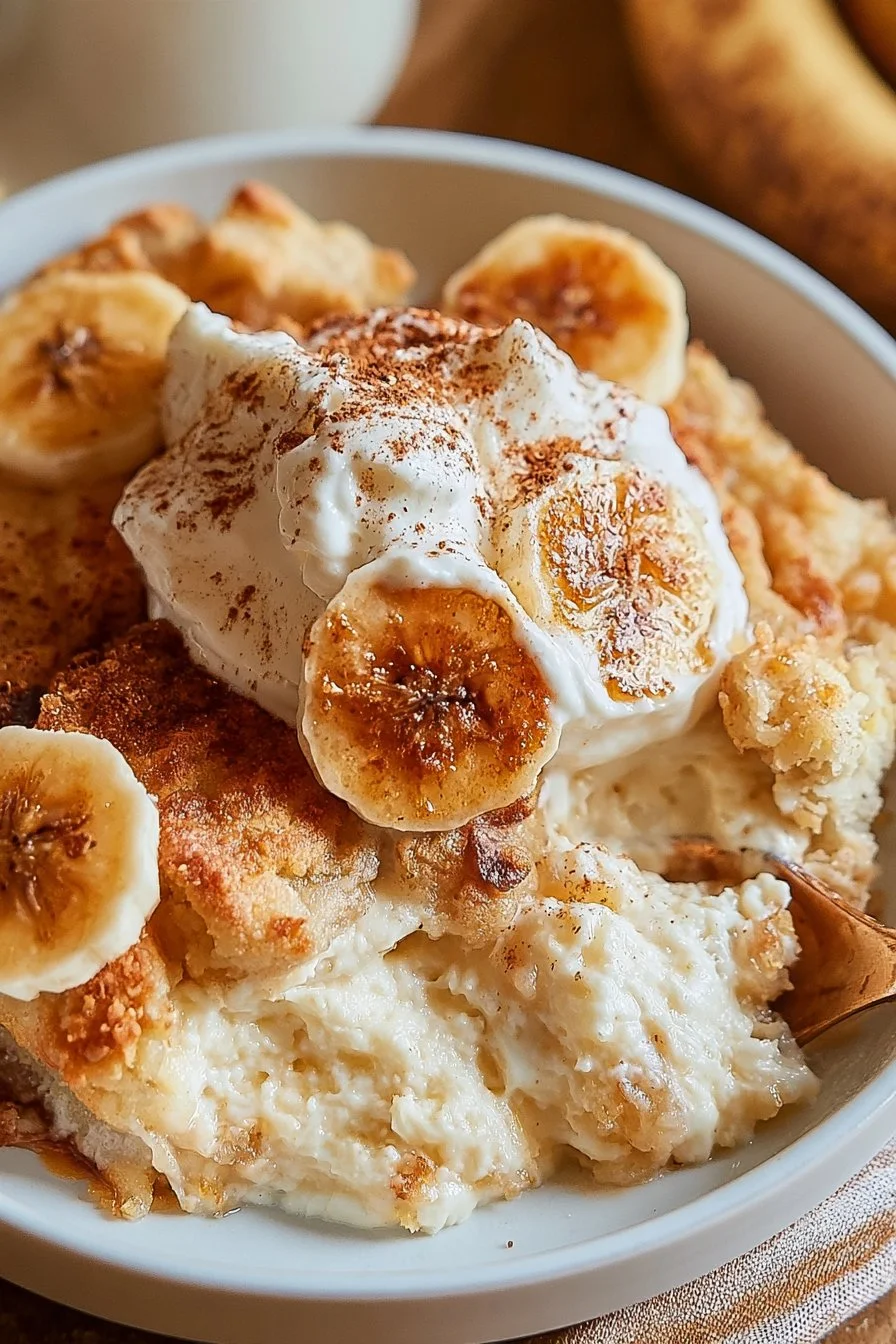 Delicious Banana Cream Cheese Cobbler served on a plate with fresh banana slices