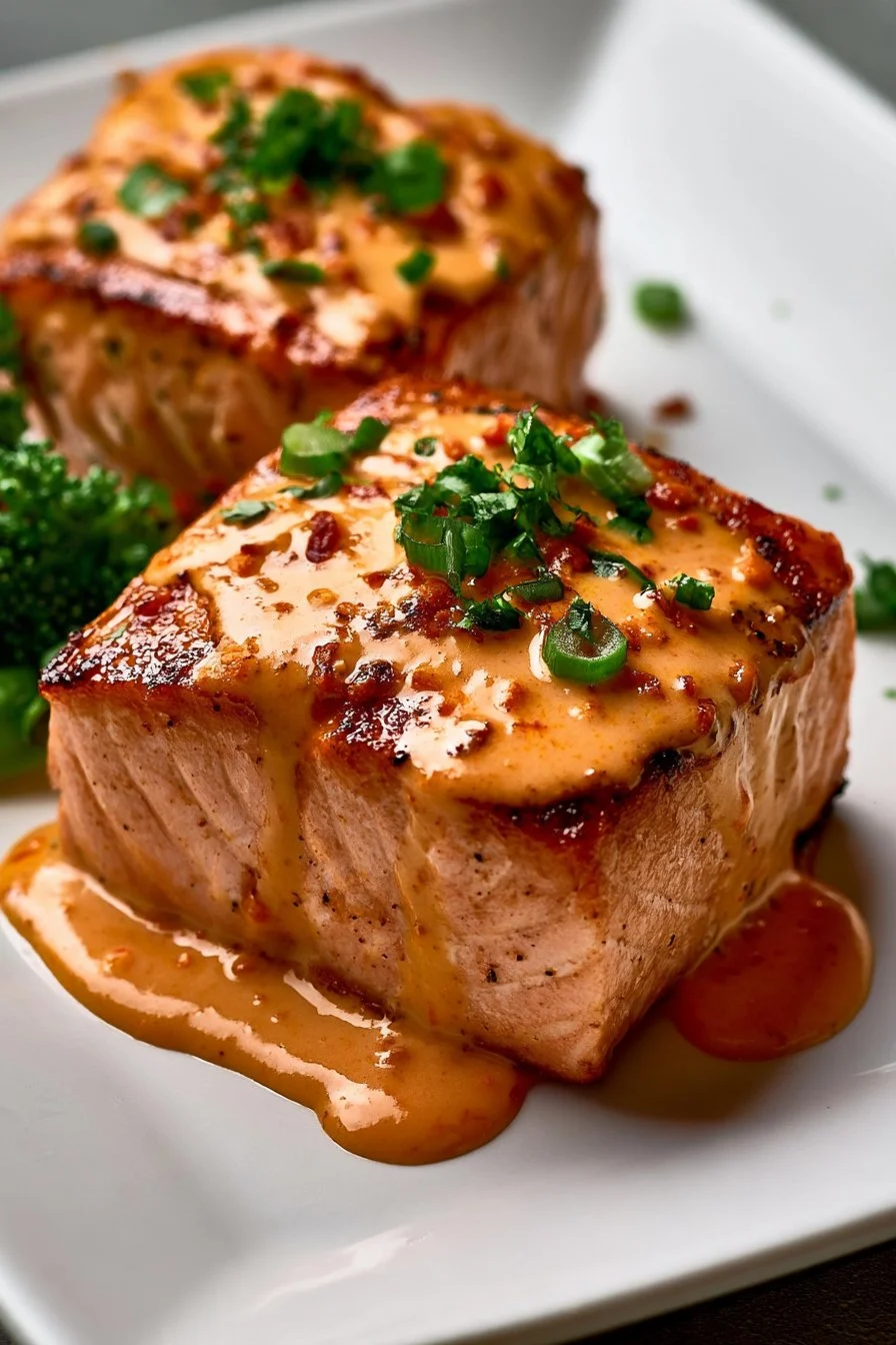 Bang Bang Salmon served with a spicy sauce and garnished with fresh herbs.