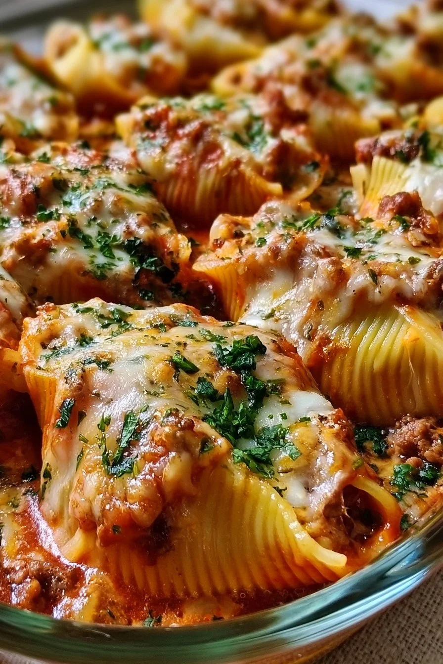 Delicious beef stuffed shells topped with marinara sauce and melted cheese.