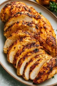 Delicious air fryer chicken breast without breading, perfectly cooked and seasoned.
