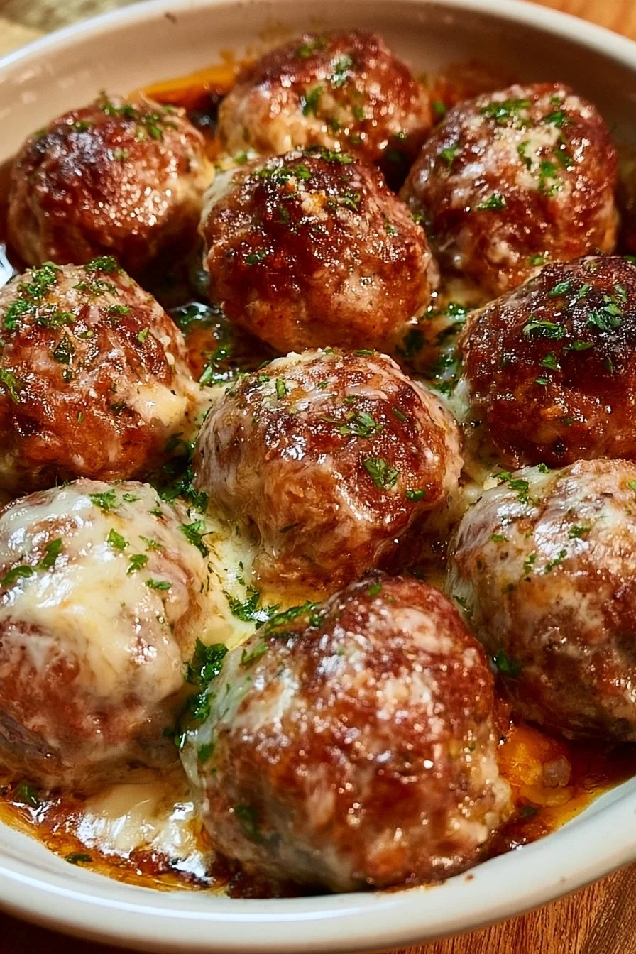 Delicious baked meatballs served with marinara sauce and herbs.