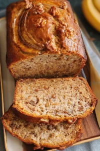 Slices of best ever banana bread on a wooden cutting board