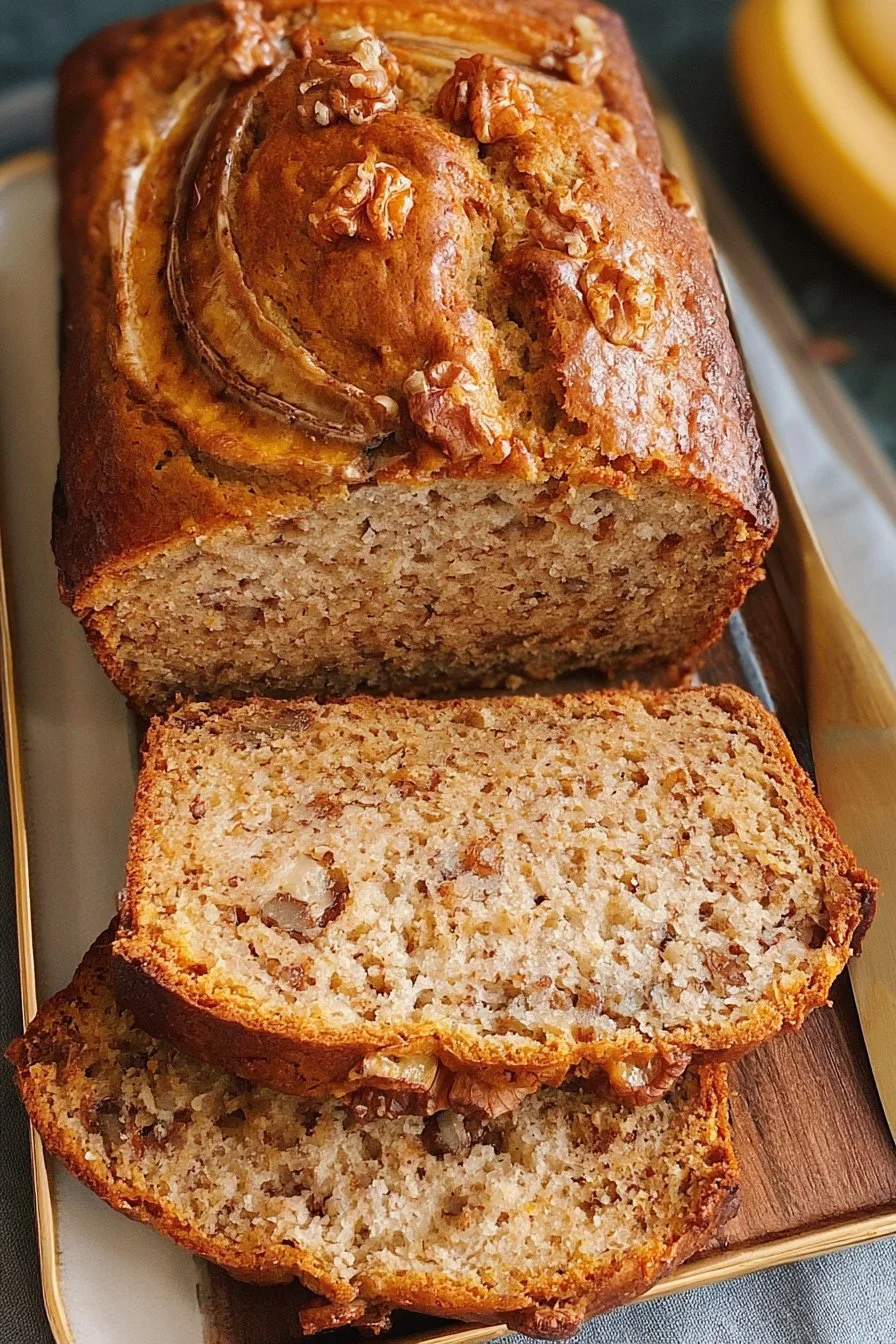 Slices of best ever banana bread on a wooden cutting board