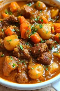 Delicious one pot beef stew with vegetables and herbs in a bowl