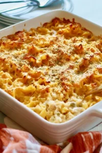 Delicious tuna noodle casserole topped with breadcrumbs, served in a dish.