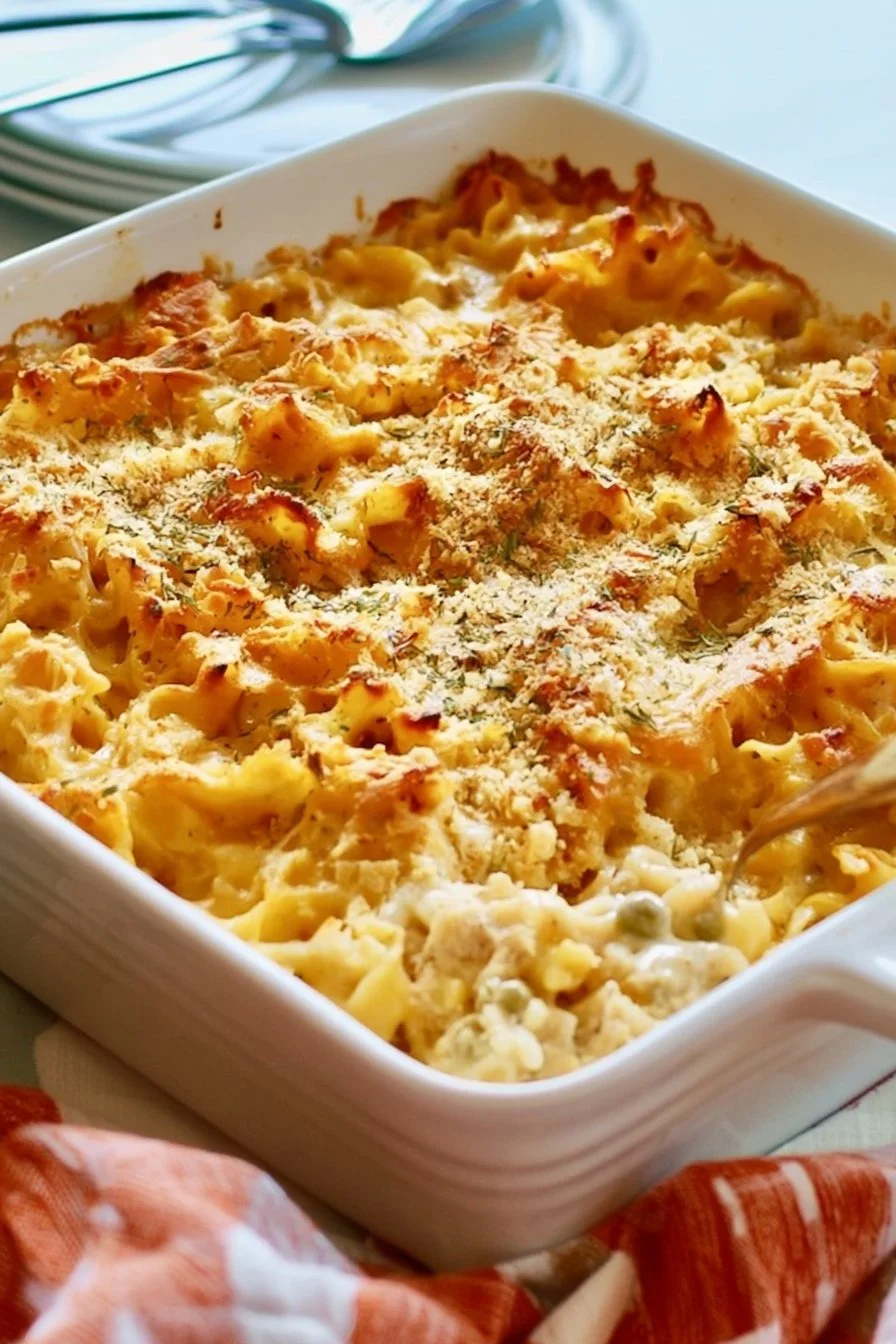 Delicious tuna noodle casserole topped with breadcrumbs, served in a dish.