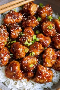 Delicious plate of easy homemade sesame chicken garnished with sesame seeds.