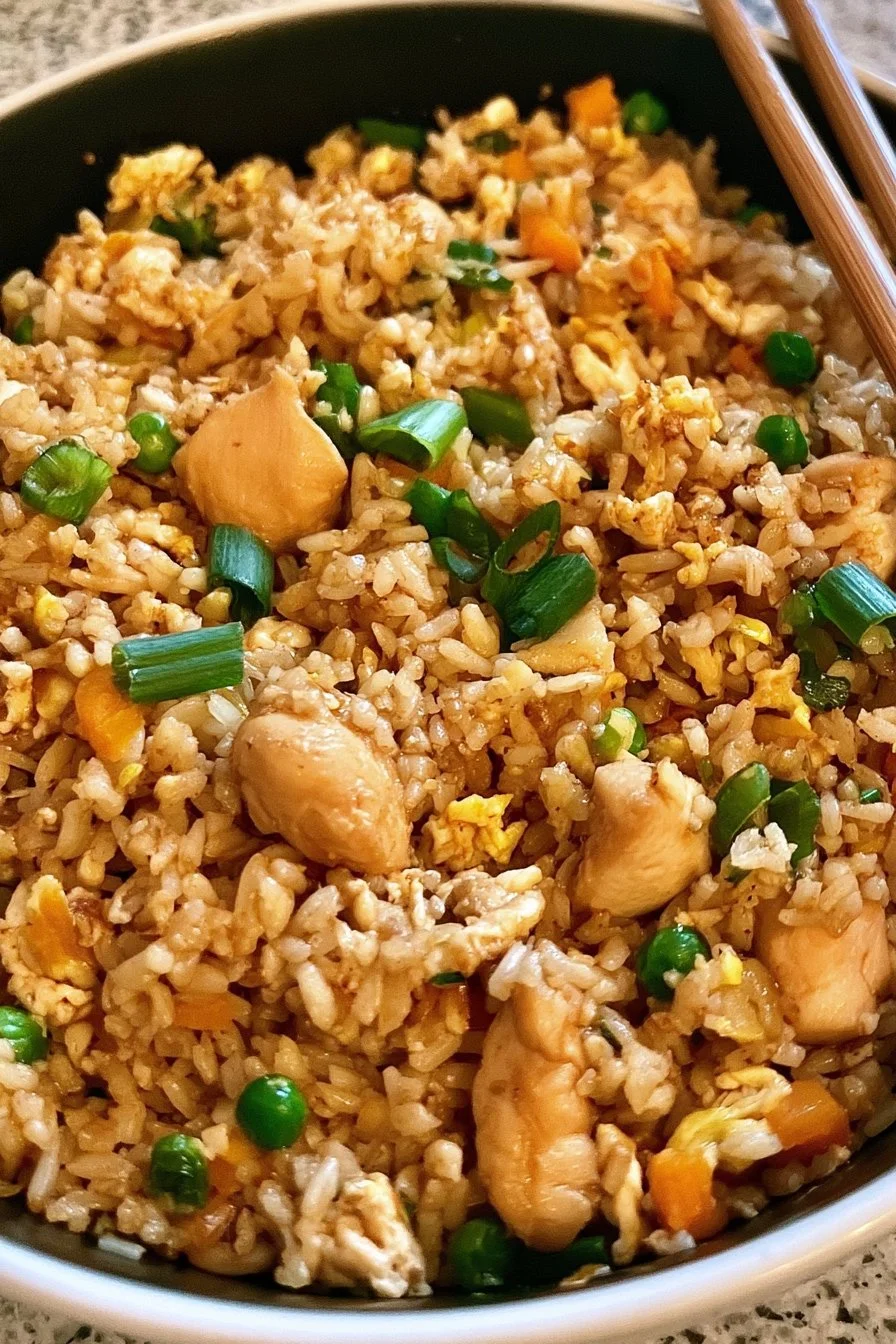 Delicious plate of better than takeout chicken fried rice with vegetables and chicken