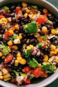 Bowl of vibrant black bean corn salsa with fresh ingredients