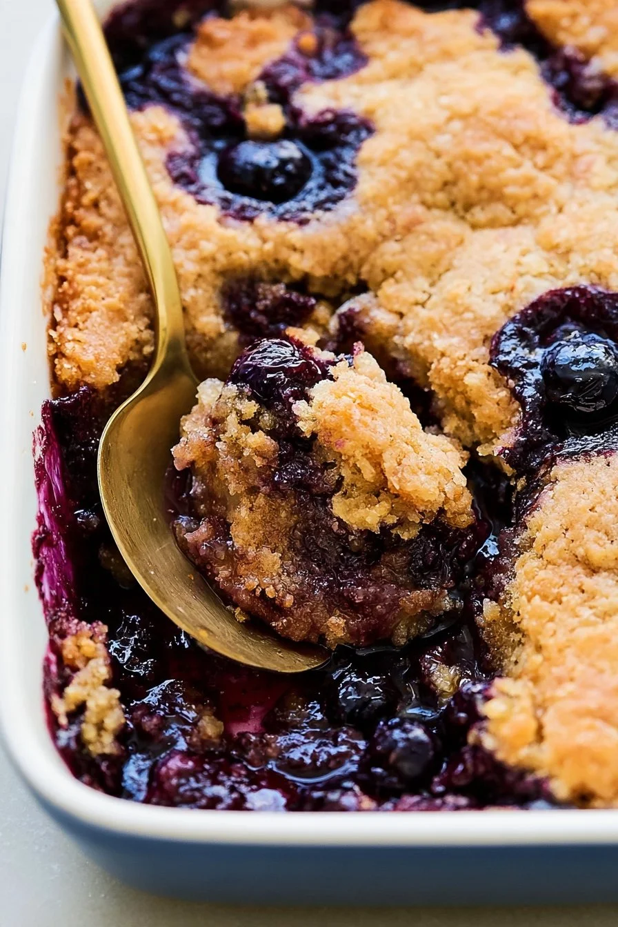 Homemade blueberry cobbler topped with a golden crust and fresh blueberries