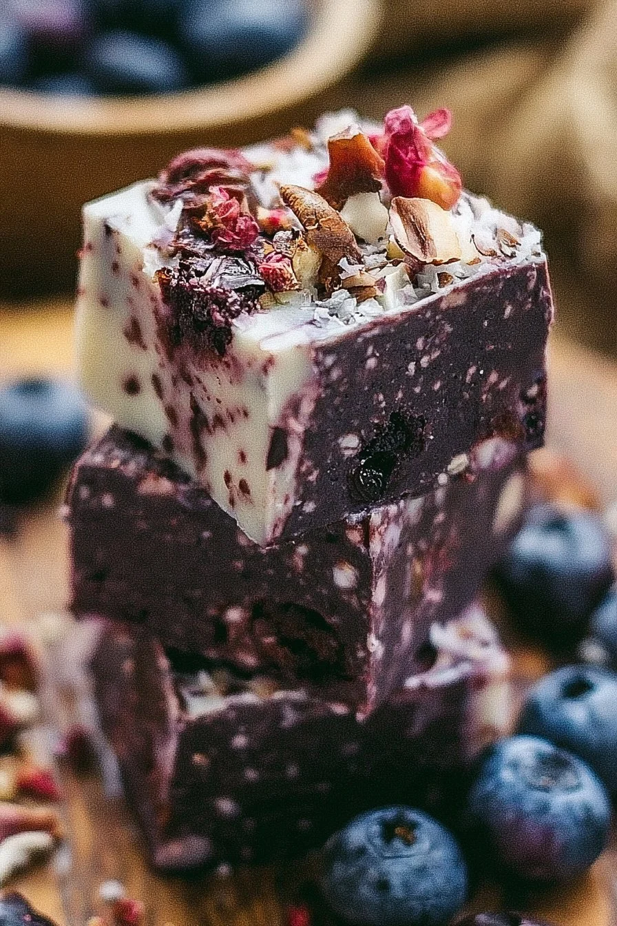 Delicious homemade blueberry fudge dessert on a white plate.