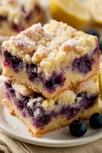 Blueberry lemon pie bars with fresh blueberries and lemon zest on a plate