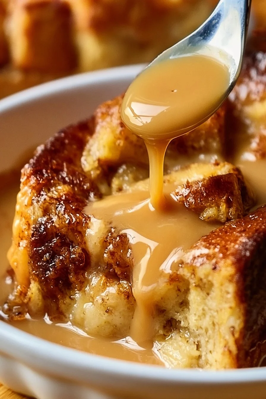 Delicious bread pudding drizzled with vanilla caramel sauce
