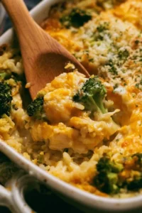 Delicious broccoli cheddar chicken and rice casserole served in a bowl