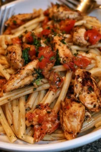 Plate of Bruschetta Chicken Pasta topped with fresh tomatoes and basil.