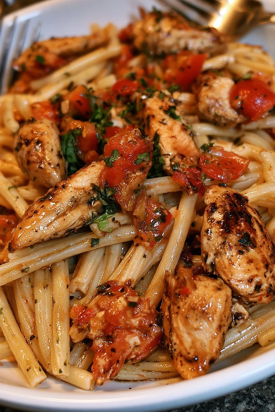 Plate of Bruschetta Chicken Pasta topped with fresh tomatoes and basil.