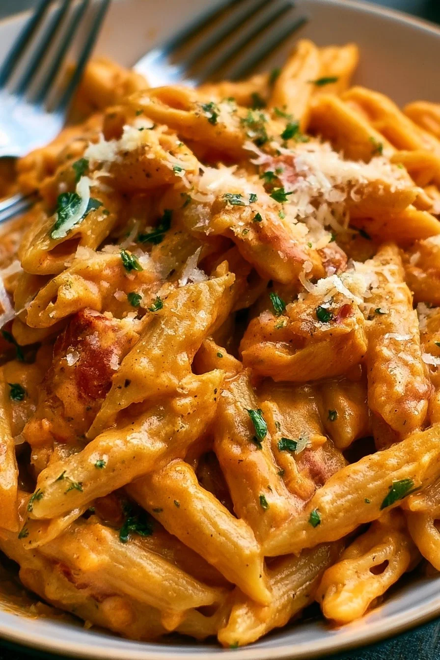 A bowl of creamy Buffalo Chicken Pasta topped with green onions and cheese.