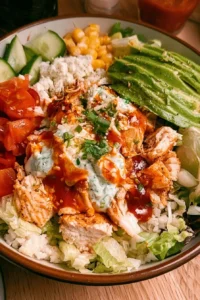 Buffalo chicken protein bowl garnished with fresh vegetables and spicy sauce